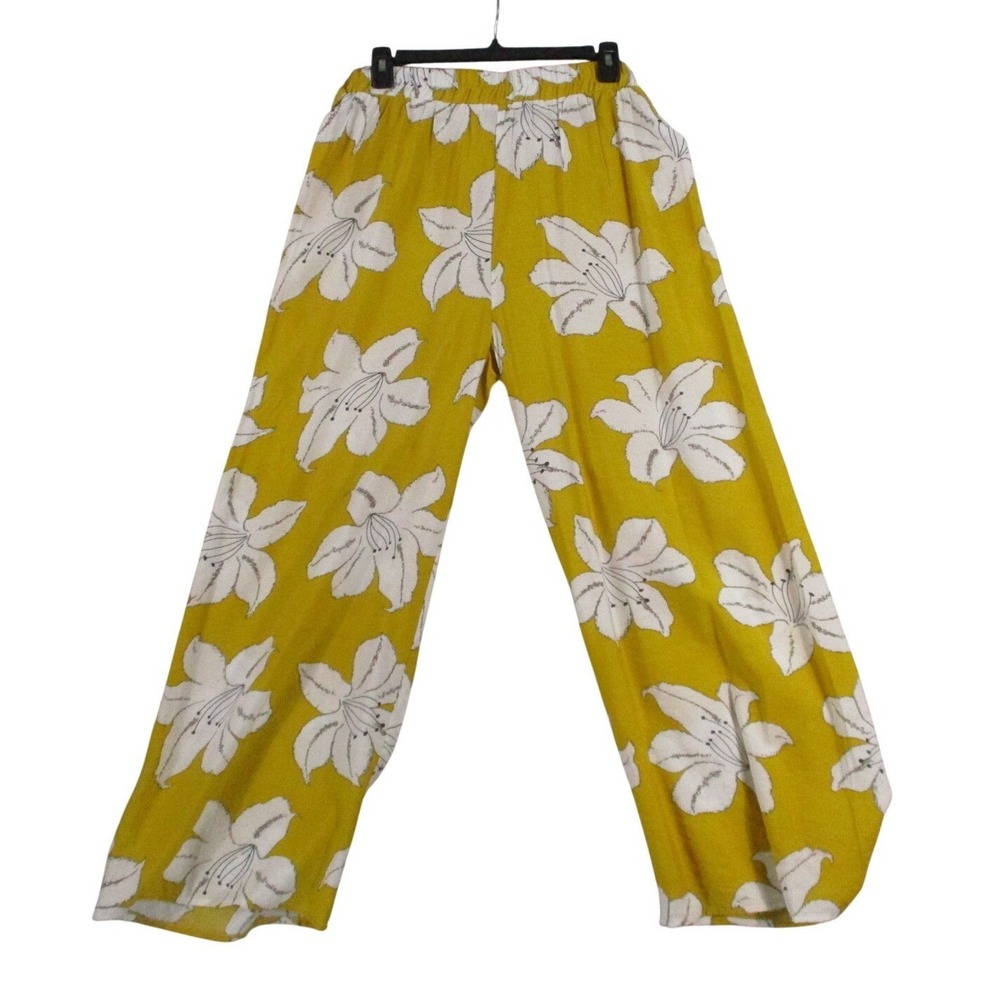 Sweet Rain Mustard Yellow Floral Wide‎ Leg Pants Large Elastic Waist Tie Belt